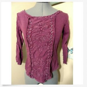 FREE PEOPLE Top XS Faded Wine lacey front T-shirt